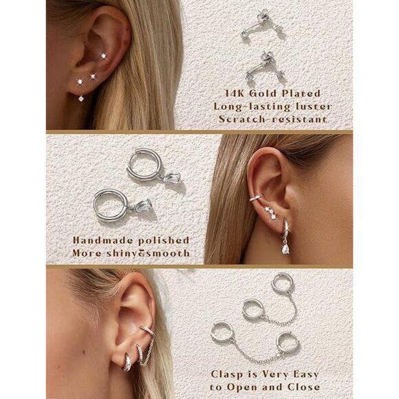 ⚡Gold Hoop Stud Chain Earrings Set for Women 14K Plated Hypoallergenic Jewelry - Picture 2 of 6